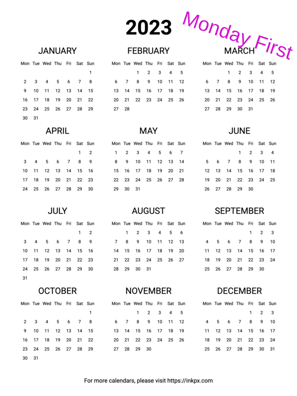 Printable Clean 2023 Yearly Calendar (Monday First)