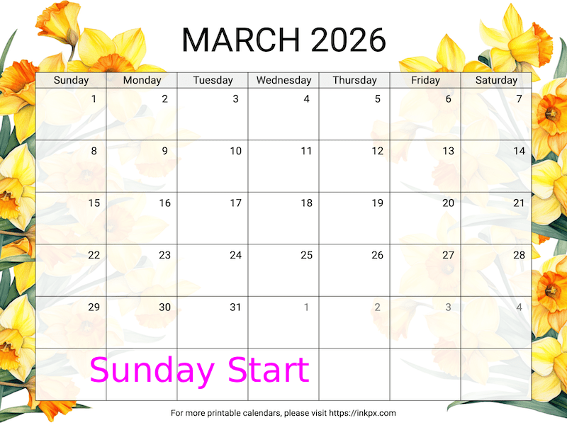Free Printable Daffodil March 2026 Calendar (Sunday Start)