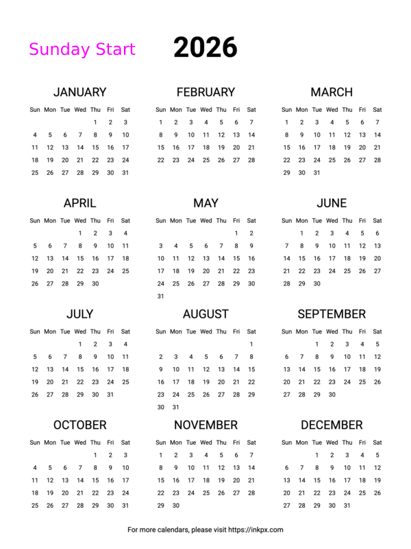 Free Printable Minimalist 2026 Yearly Calendar (Sunday Start)