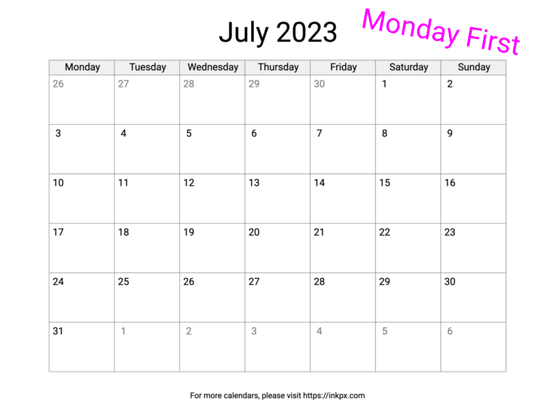 Printable Blank July 2023 Calendar (Monday First)
