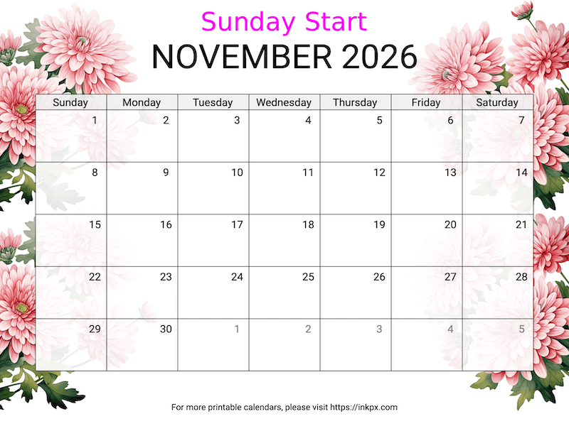 Free Printable Chrysanthemum November 2026 Calendar (Sunday Start)