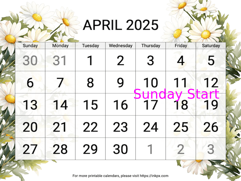 Free Printable Large Daisy April 2025 Calendar (Sunday Start)