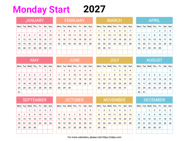 Free Printable Minimalist Colorful Table 2027 Calendar (Landscape, Monday Start)