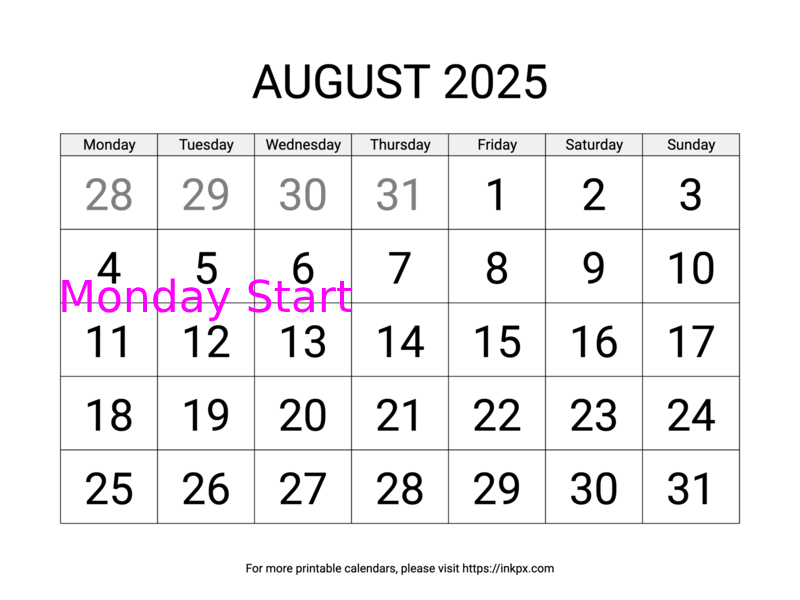 Free Printable Large August 2025 Calendar (Monday Start)