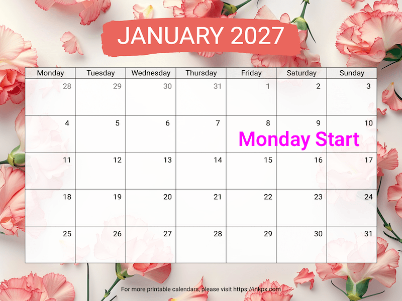 Free Printable Carnation Background January 2027 Calendar (Monday Start)