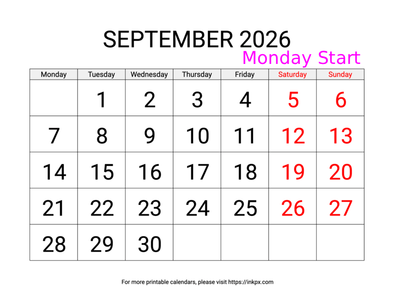 Free Printable Large Weekend Highlighted September 2026 Calendar (Monday Start)