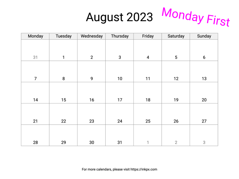Printable Blank August 2023 Calendar (Monday First)