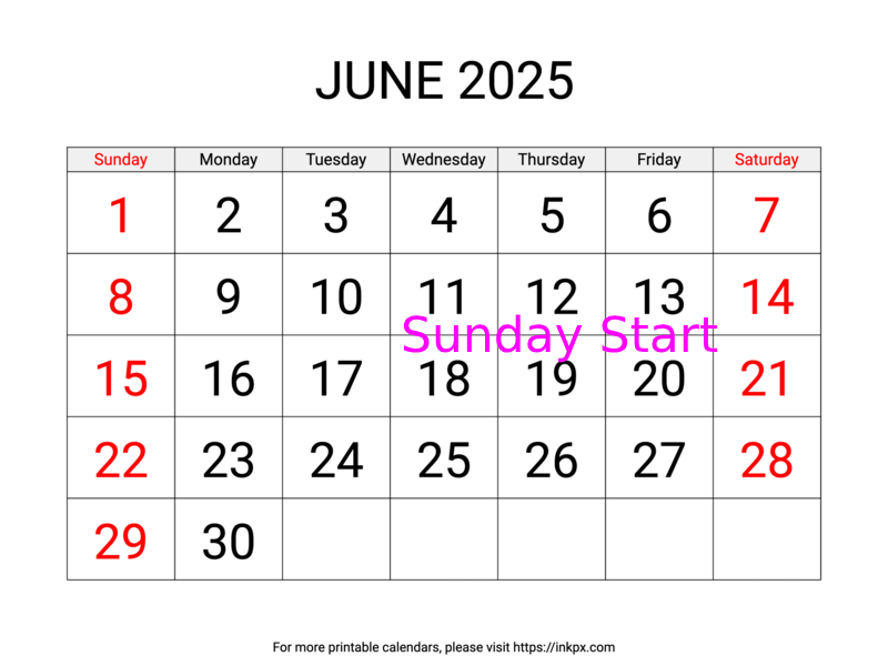 Free Printable Large Weekend Highlighted June 2025 Calendar (Sunday Start)