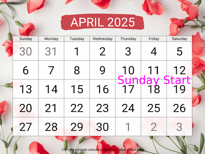 Free Printable Large Sweet Pea April 2025 Calendar (Sunday Start)