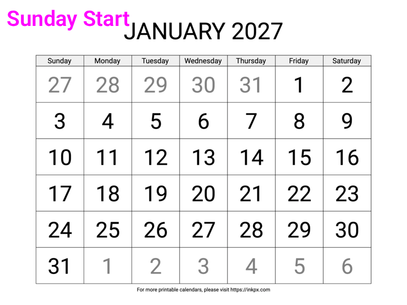 Free Printable Large Font January 2027 Calendar (Sunday Start)