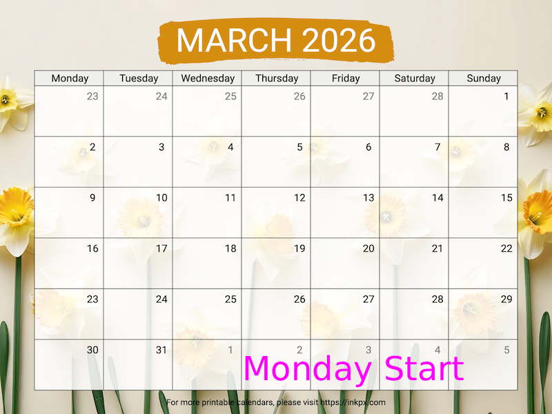 Free Printable Daffodil Background March 2026 Calendar (Monday Start)