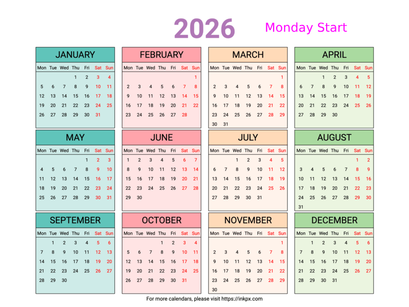Free Printable Weekend Highlight Colorful 2026 Calendar (Landscape, Monday First)