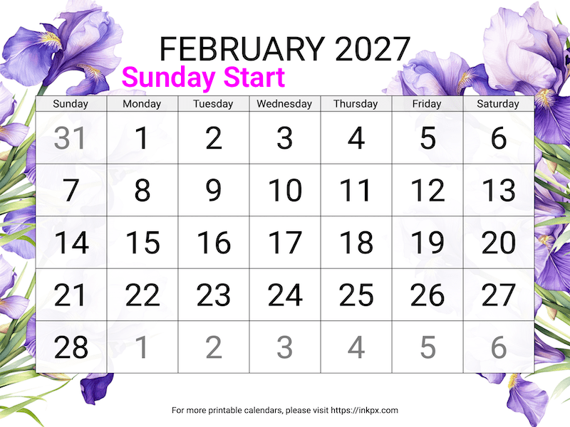 Free Printable Irises Large February 2027 Calendar (Sunday Start)