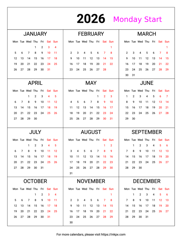 Free Printable Weekend Highlight Table 2026 Calendar (Monday First)