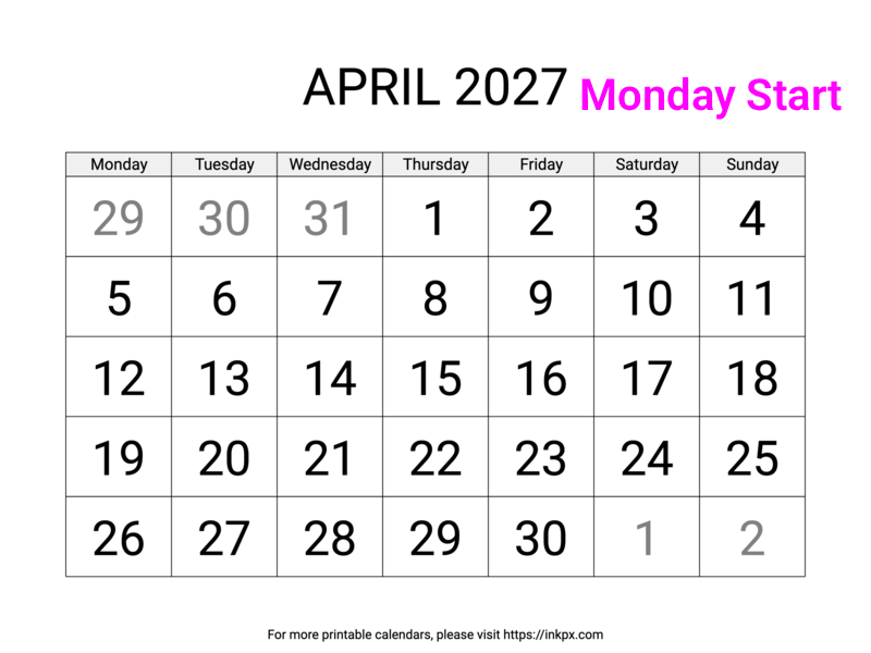 Free Printable Large April 2027 Calendar (Monday Start)