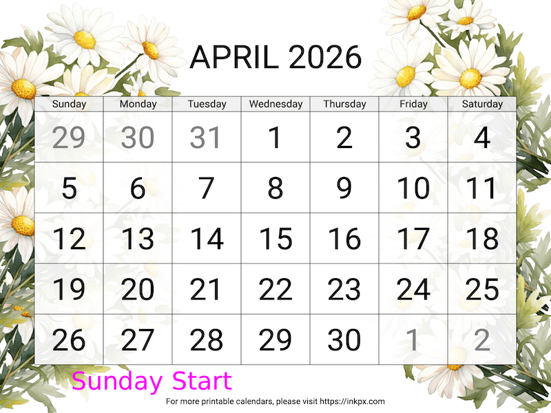 Free Printable Large Daisy April 2026 Calendar (Sunday Start)