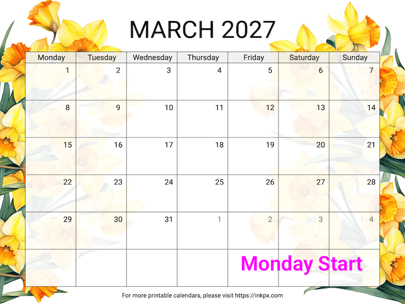 Free Printable Daffodil March 2027 Calendar (Monday Start)