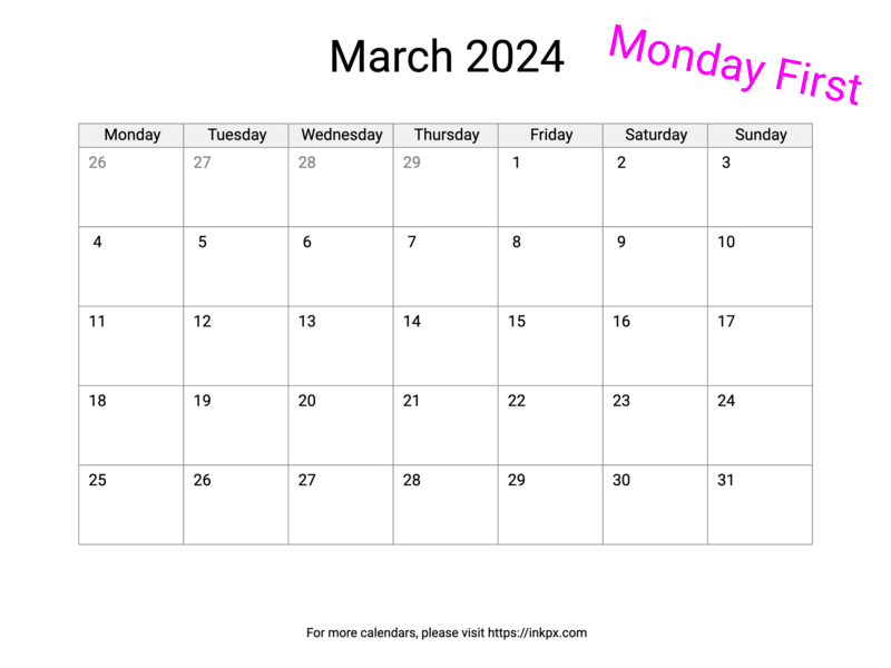 Printable Blank March 2024 Calendar (Monday First)