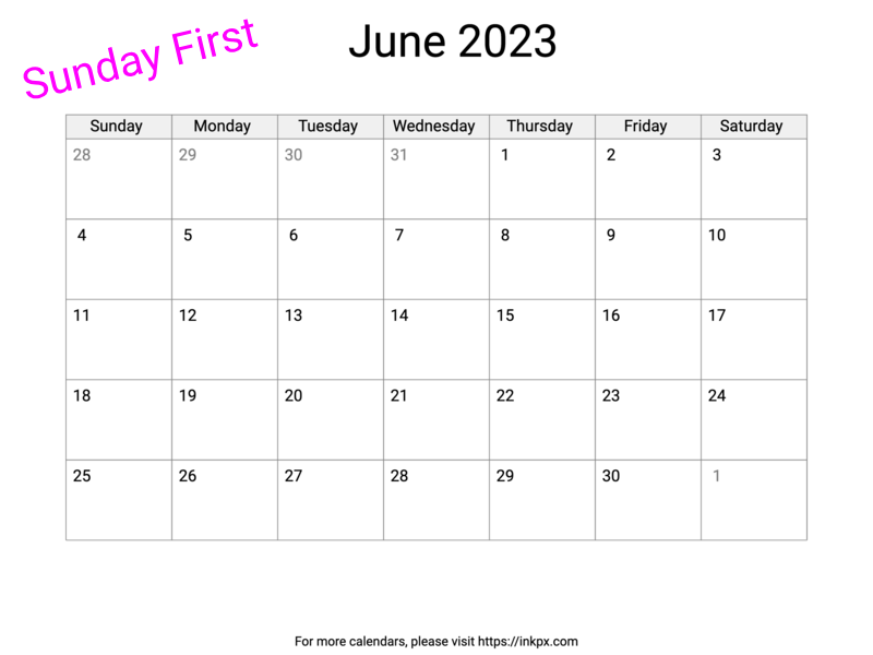 Printable Blank June 2023 Calendar (Sunday First)