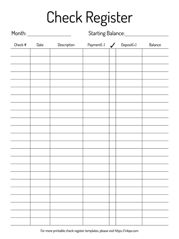 Free Printable Formated Open Border Table Style Check Register