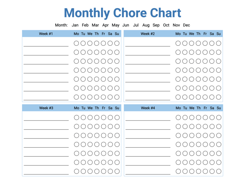Free Printable Monthly Blue Color Chore Chart