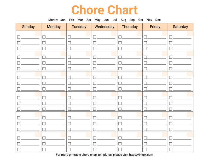 Free Printable Sunday Start Orange Color Monthly Chore Chart