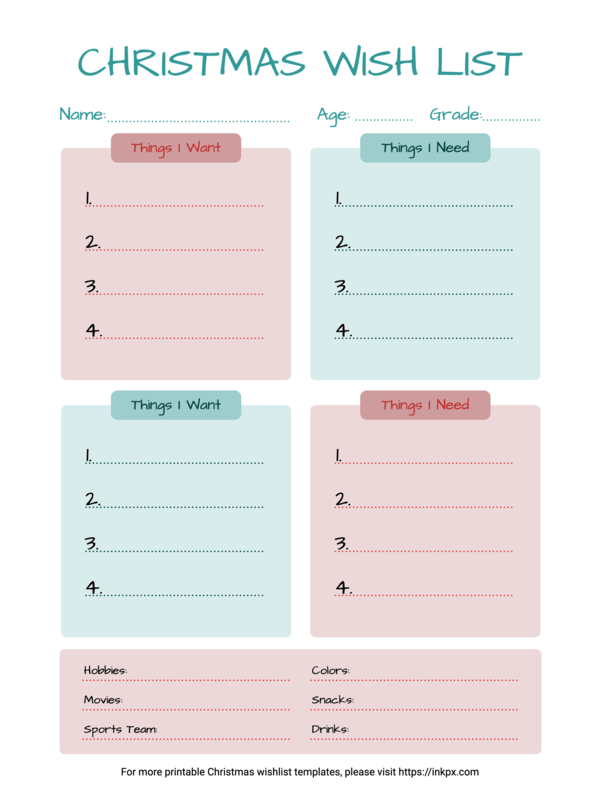 Free Printable Colorful Simple Christmas Wish List Template