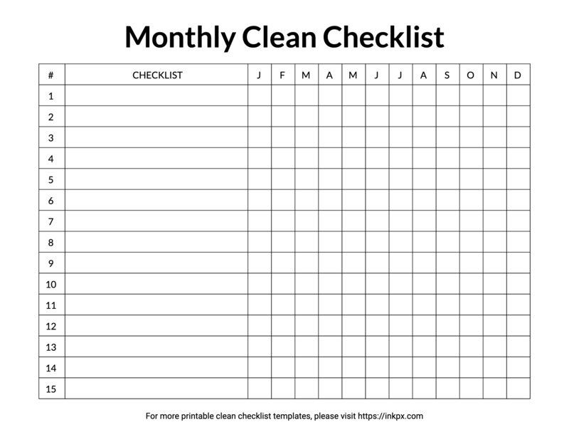 Printable Blank Simple Monthly Clean Checklist Template