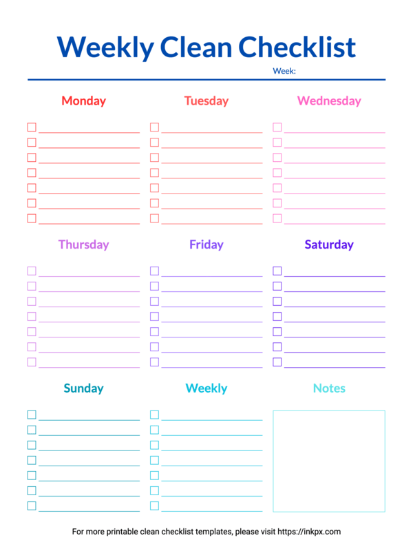 Printable Blank Colorful Weekly Clean Checklist Template