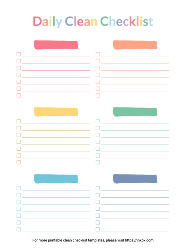 Printable Blank Colorful Daily Clean Checklist Template