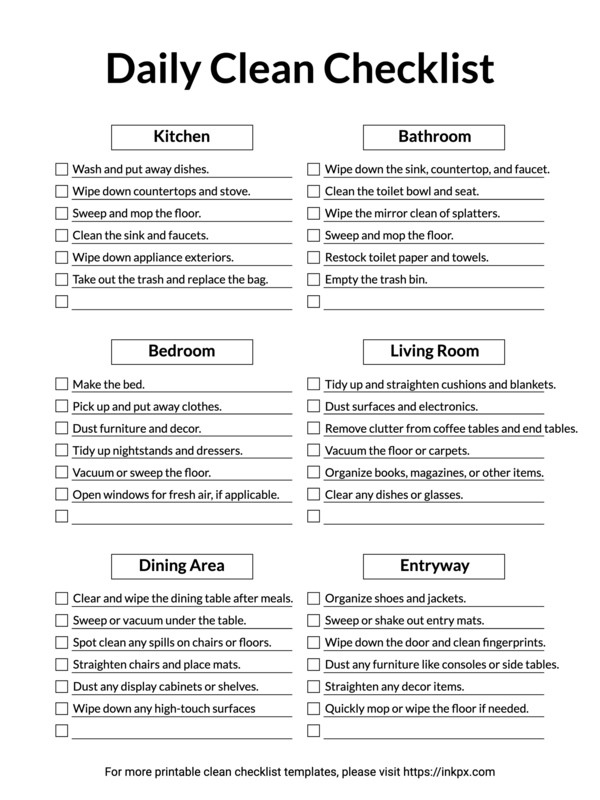 Printable Prefilled Simple Daily Clean Checklist Template