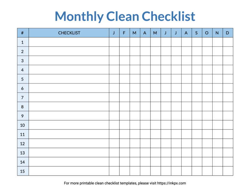 Printable Blank Colored Monthly Clean Checklist Template