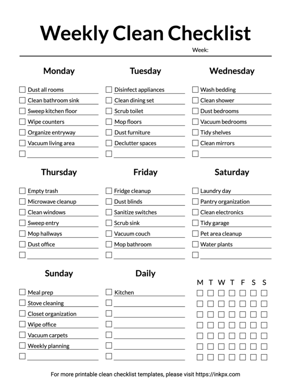 Editable Prfilled Simple Weekly Clean Checklist Template with Daily Task