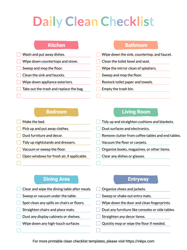 Editable Prefilled Colorful Daily Clean Checklist Template	