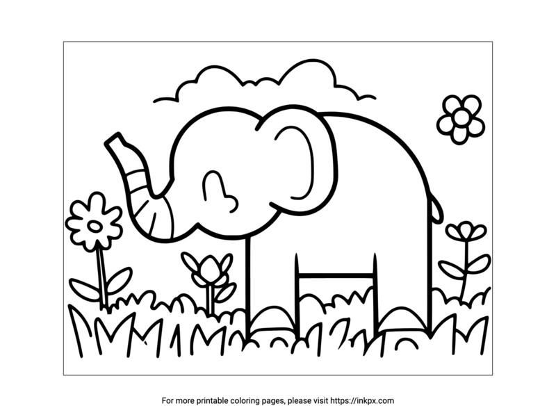 Printable Elephant & Flower Coloring Page