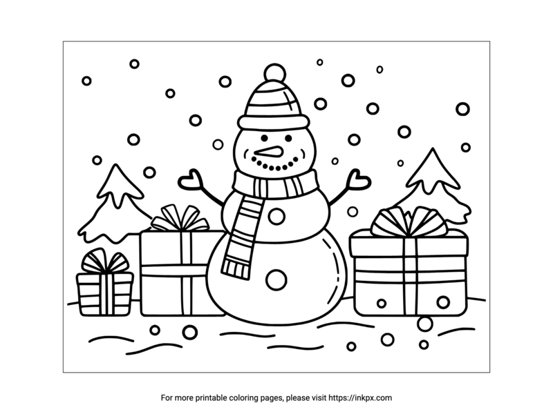 Printable Cute Snowman & Gifts Coloring Sheet