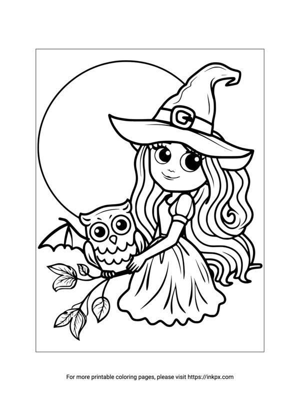 Free Printable Witch & Owl Coloring Page