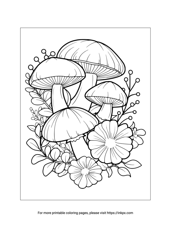 Free Printable Mushroom & Flower Coloring Page