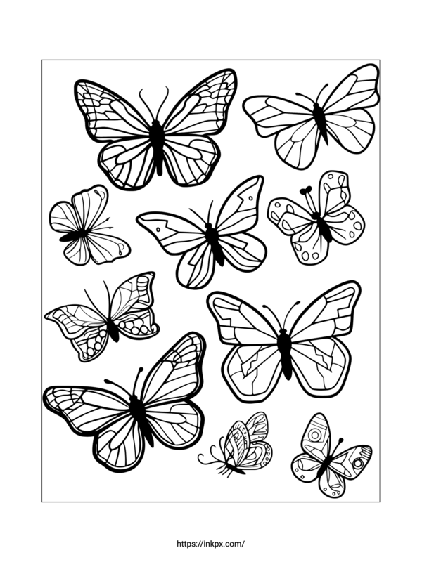 Printable Multiple Butterflies Coloring Page · InkPx