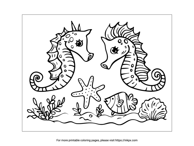 Printable Seahorse & Starfish Coloring Sheet