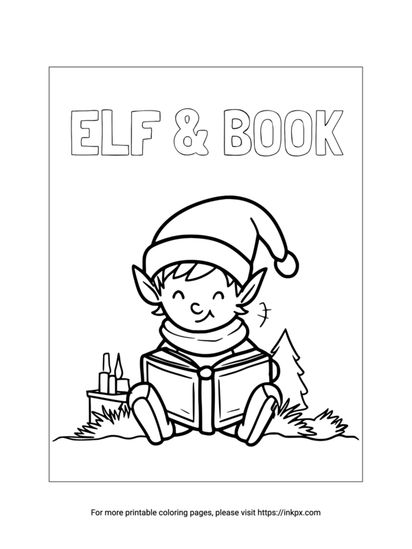 Printable Elf Reading Book Coloring Sheet