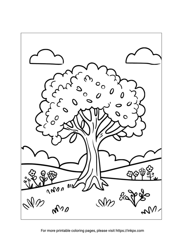 Free Printable Tree & Hill Coloring Page