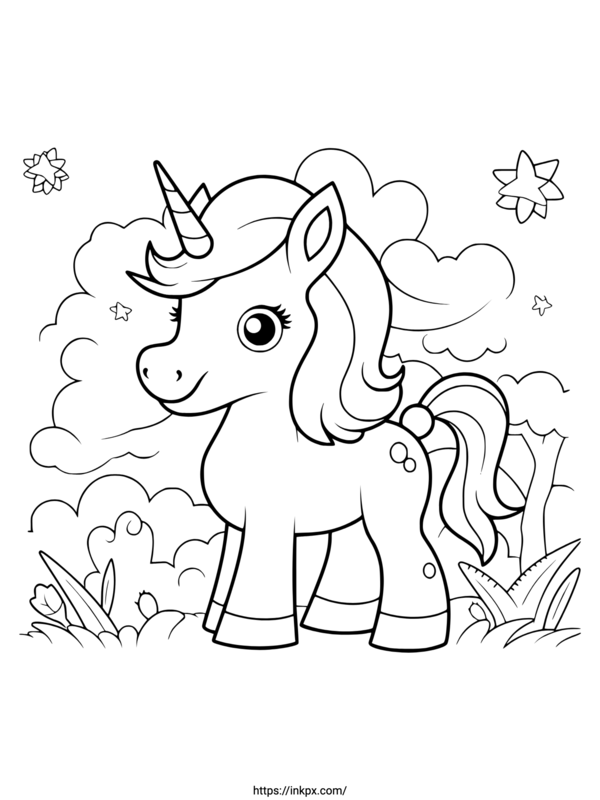 Free Printable Simple Style Unicorn in Forest Coloring Page · InkPx