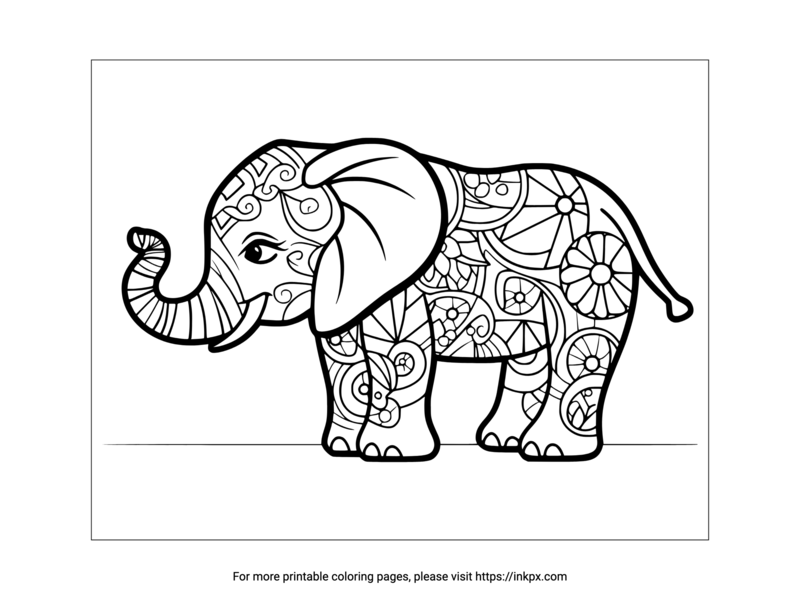 Printable Elephant with Complex Pattern Coloring Page