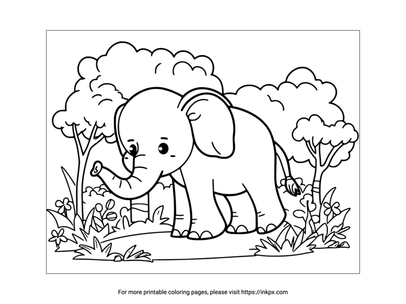 Printable Elephant in the Forest Coloring Page