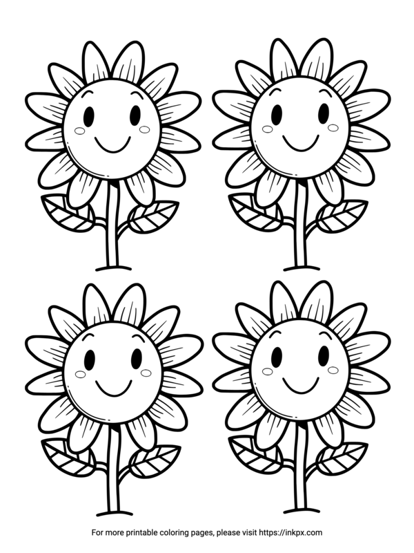 Free Printable Quadruple Cute Sunflowers Coloring Sheet