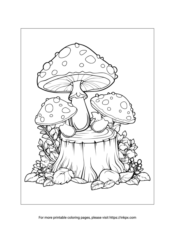 Free Printable Mushroom & Tree Stump Coloring Page