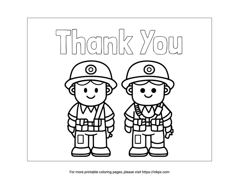 Free Printable Thank You Veterans & Cartoon Soldiers Coloring Page