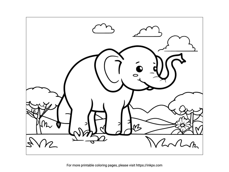 Printable Elephant & Hills Coloring Page