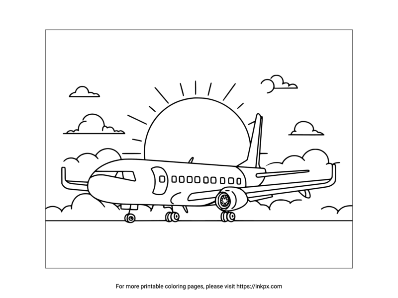 Printable Plane & Clouds & Sun Coloring Page